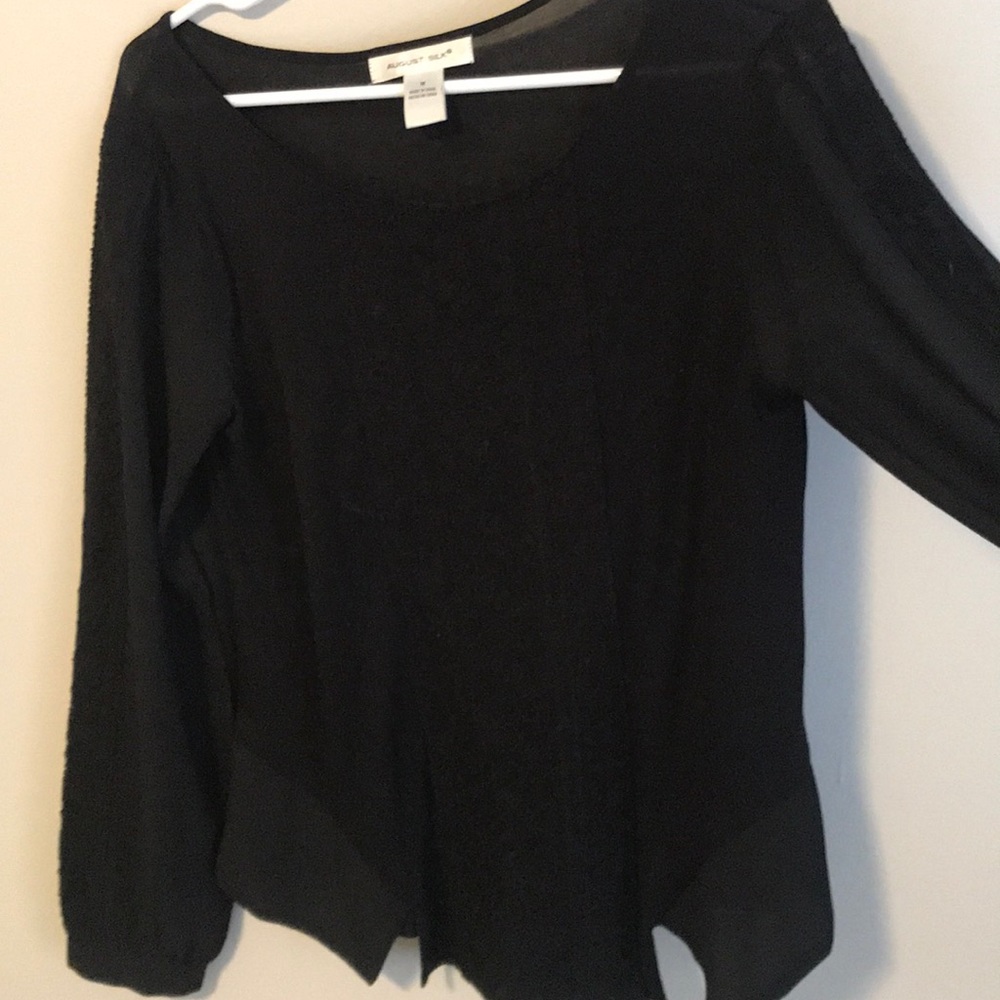 Black Peplum August Silk Blouse with Lace Sz M